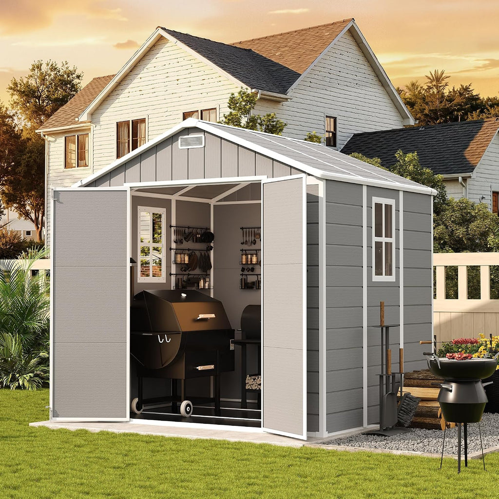 UDPATIO Resin Storage Shed 8 x 6 FT, Outdoor Garden Sheds with Floor Plastic Patio Outdoor Storage Shed with Lockable Door, Gray White