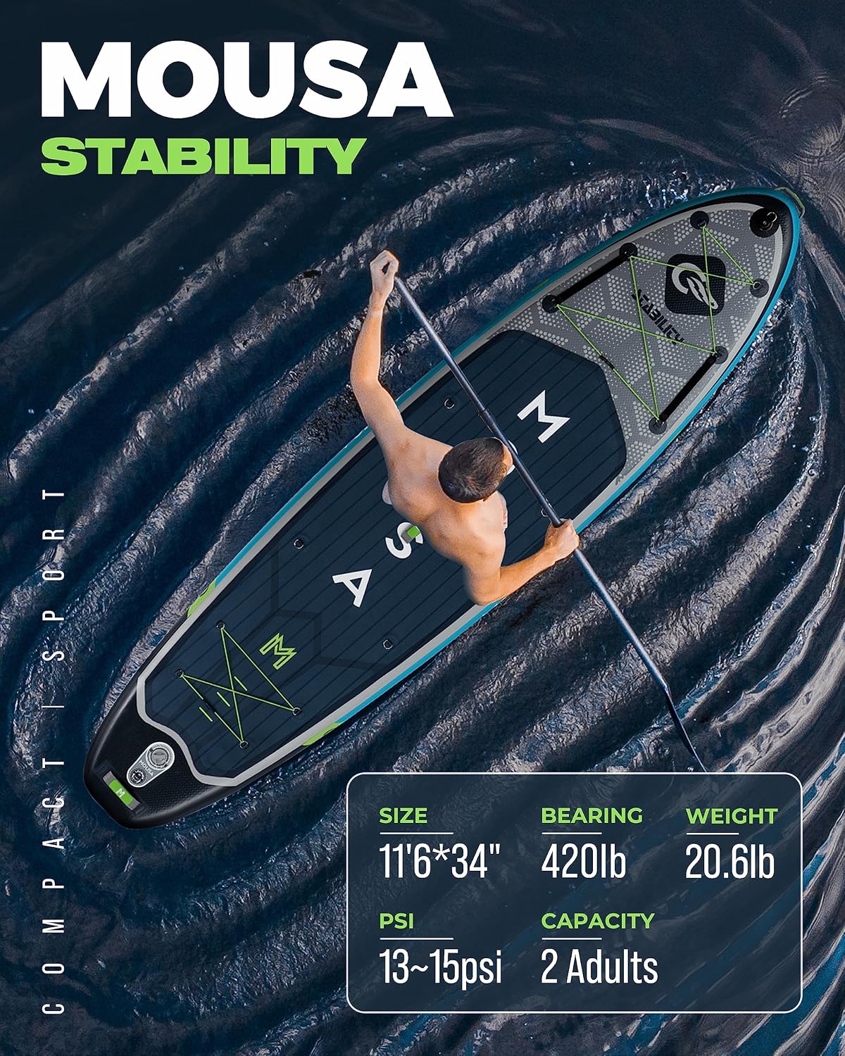 MOUSA 11'6'x35 Extra Wide Inflatable Stand Up Paddle Board, Stable Long SUP for 2 People/Family, Shoulder Strap, 3/5 Handles, 100L Backpack, All-Round Sup Board, Removeable Fin