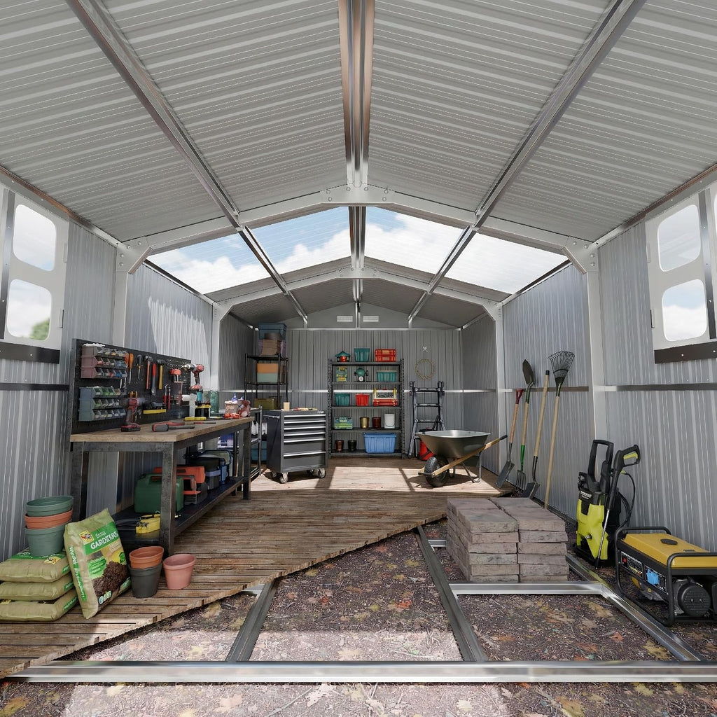 WACASA 10x16 FT Metal Shed with Base Frame Floor Kit | Heavy-Duty Military-Grade 20-Gauge Reinforced Frame with Powder Coating | 50 PSF Snow Load & 120 MPH Wind Rated | Skylight Tiny House Building