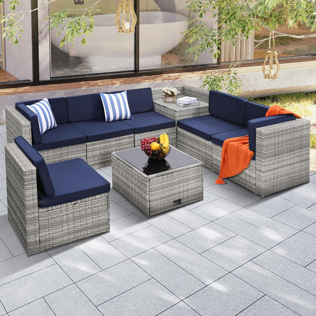 KROFEM 8-Piece Patio Furniture Set, Outdoor Wicker Rattan Sectional with Thick Cushions, Glass Top Table with Hidden Storage, Outdoor Conversation Set for Backyard, Porch, Patio, Blue