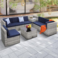KROFEM 8-Piece Patio Furniture Set, Outdoor Wicker Rattan Sectional with Thick Cushions, Glass Top Table with Hidden Storage, Outdoor Conversation Set for Backyard, Porch, Patio, Blue