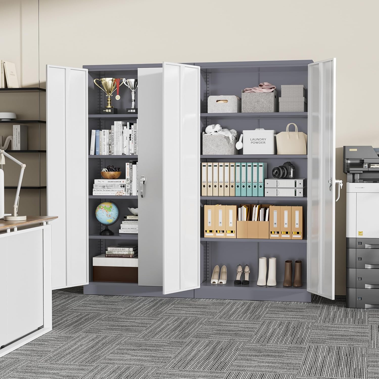 Incbruce 72' H x18 D Patio Metal Storage Cabinet, Outdoor Storage Cabinet with Doors and Adjustable Shelves, Tool Shed for Home, Patio, Office (Grey White)