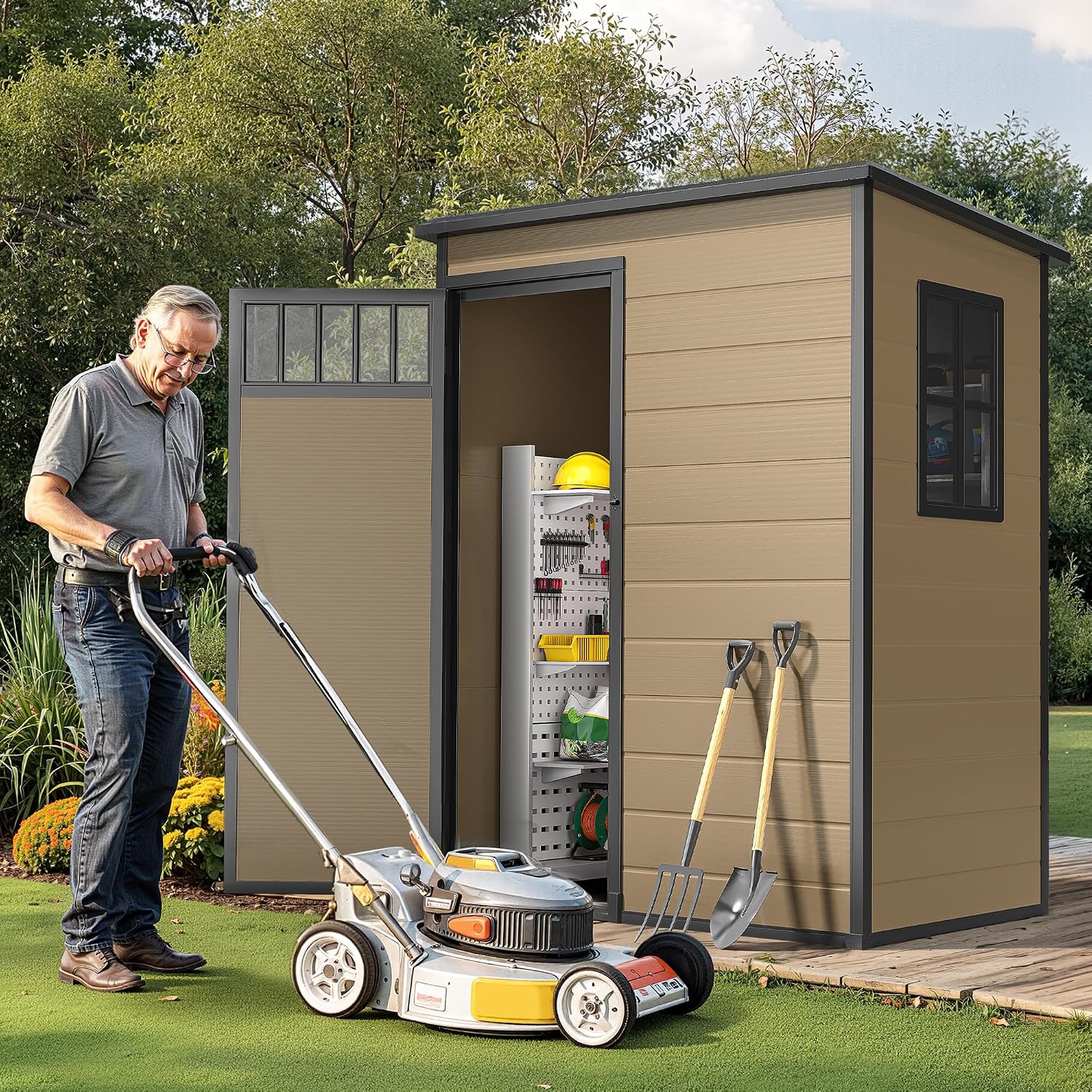 DWVO 5x3FT Outdoor Storage Shed, All-Weather Resin Plastic Storage Shed with Windows, Slanted Roof, Raised Floor, 65 cu.ft Capacity for Garden Tools & Equipment, Ideal for Backyard & Garden, Brown