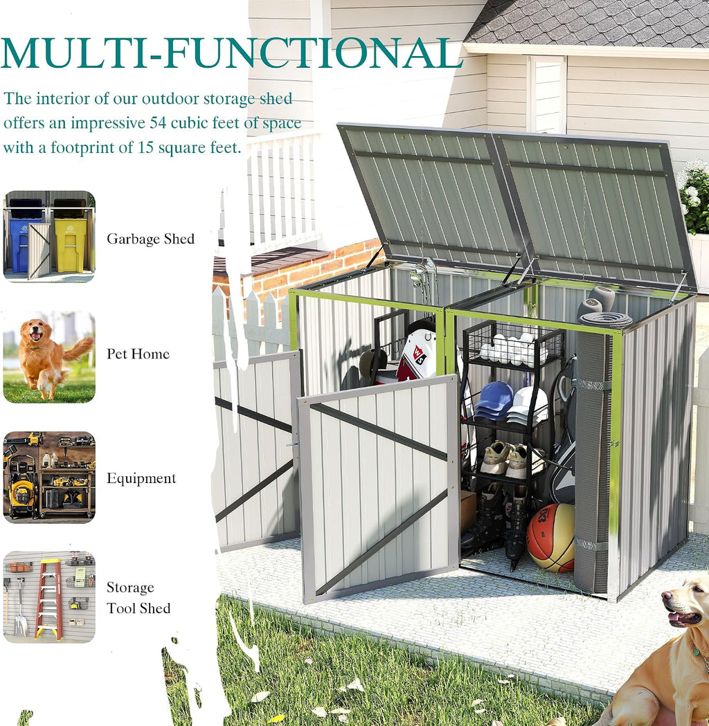 Montary 54 CU.FT Metal Outdoor Garbage Bin Storage Shed with Chain Lid, Waterproof Trash Can Organizer for 2 Bins, Garden Tools for Garden Yard Lawn, Grey