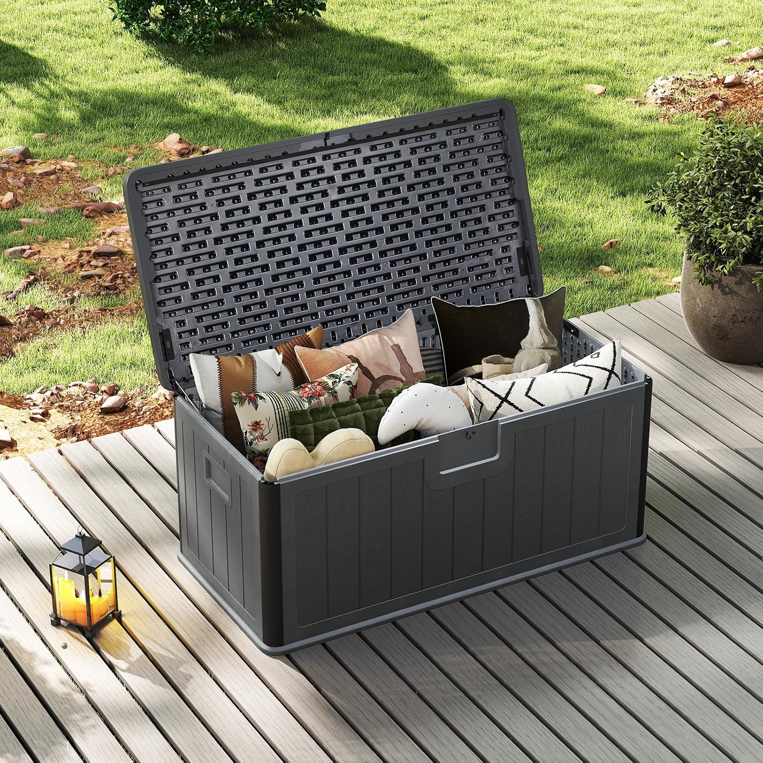 HAPPYGRILL Outdoor Storage Deck Box with Lockable Design & Gas Strut, Handle, 100 Gallon HDPE Patio Storage Organizer for Lawn Backyard Poolside (Gray)