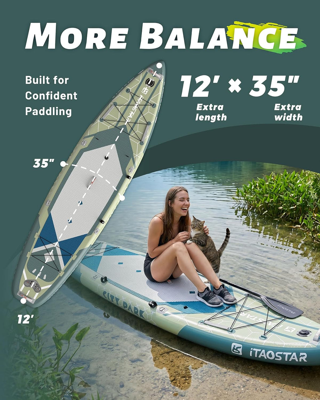 iTAOSTAR City Park 12'×35' Extra Wide Paddle Board with Seat, One-Stop Premium SUP Board Gears, Tailored 5 Fins, Stable Inflatable Stand Up Paddle Boards for Youth/Adults of All Levels