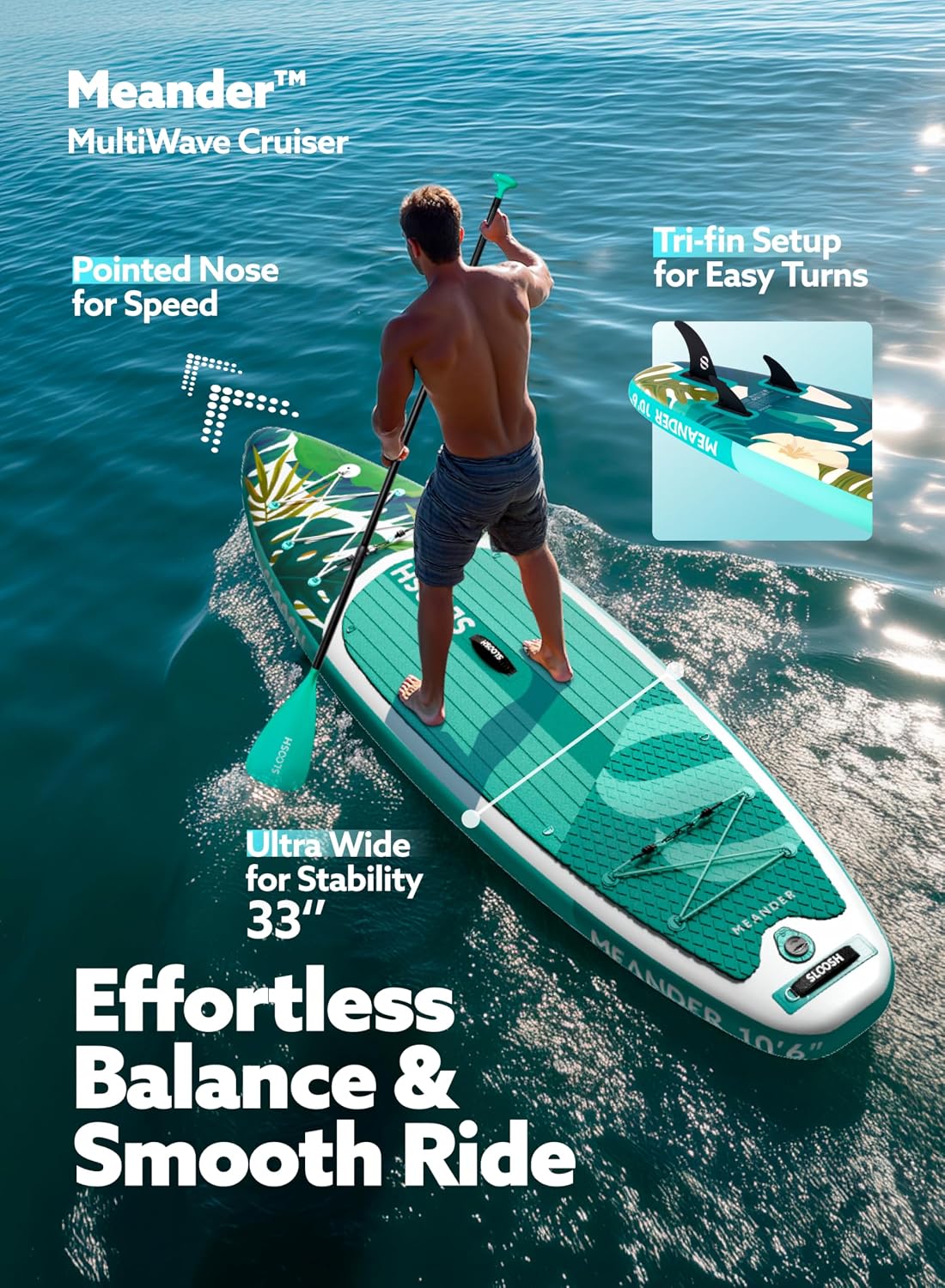 SLOOSH Inflatable Stand Up Paddle Board, 10'6' Inflatable Paddle Boards with Premium Accessories, Non-Slip EVA Deck, Ultra-Light Carry Bag Pump, Meander SUP for Youth & Adults