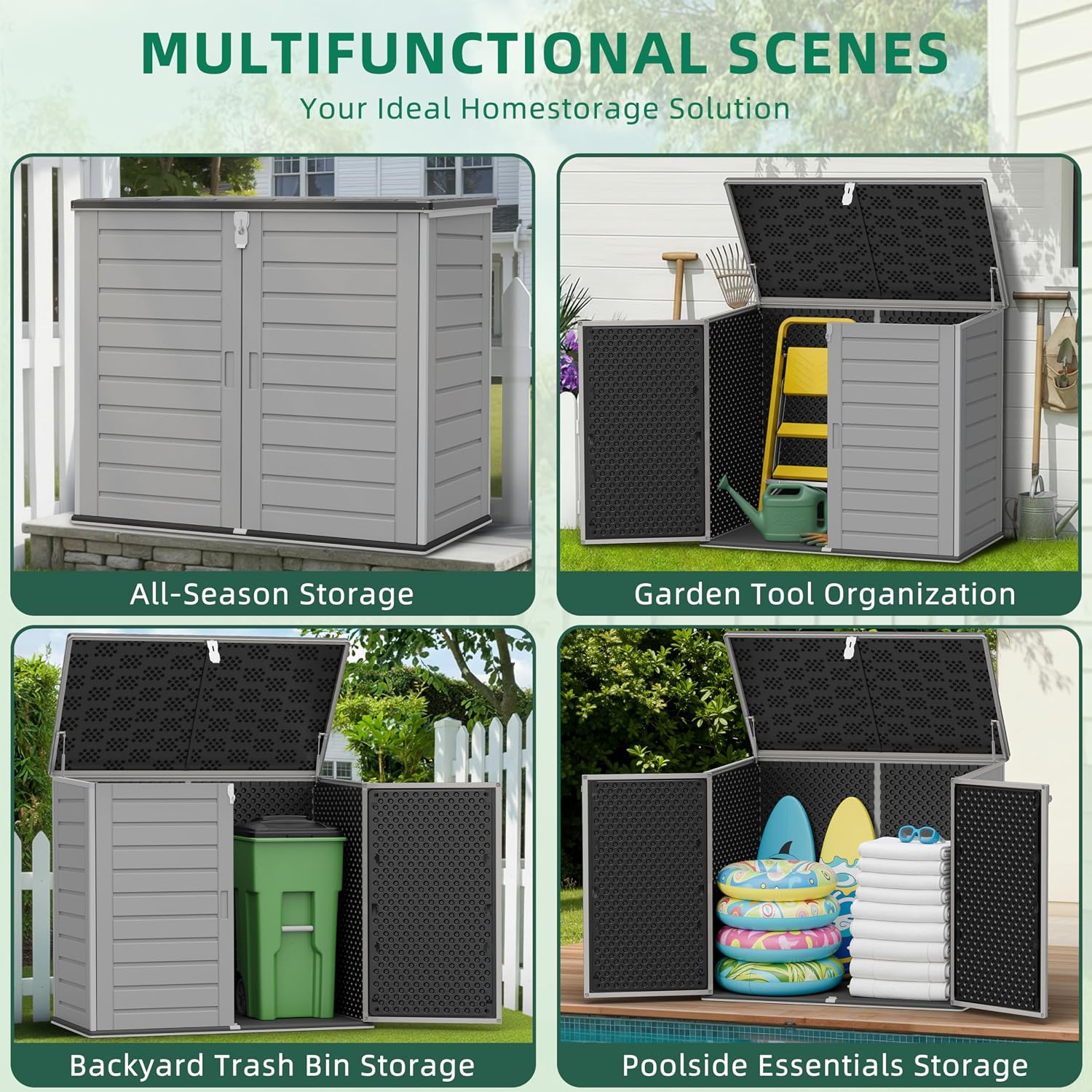 Horizontal Outdoor Trash Can Storage Shed, 304 Gallon Resin Garbage Can Storage Shed with Lockable Doors & Lift Lid, Waterproof Bin Shed for Backyard, Patio & Garden (Gray)