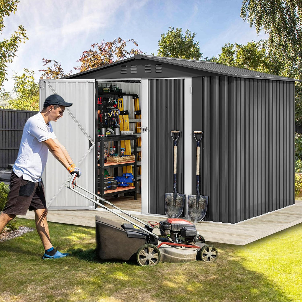 DWVO 7x5FT Outdoor Storage Shelter, Roomy Steel Tool Shed with Secure Entrances & Air Circulation for Patio, Lawn, and Backyard, Ideal for Storing Garden Gear, Lawn Tools, and Bikes, Dark Gray