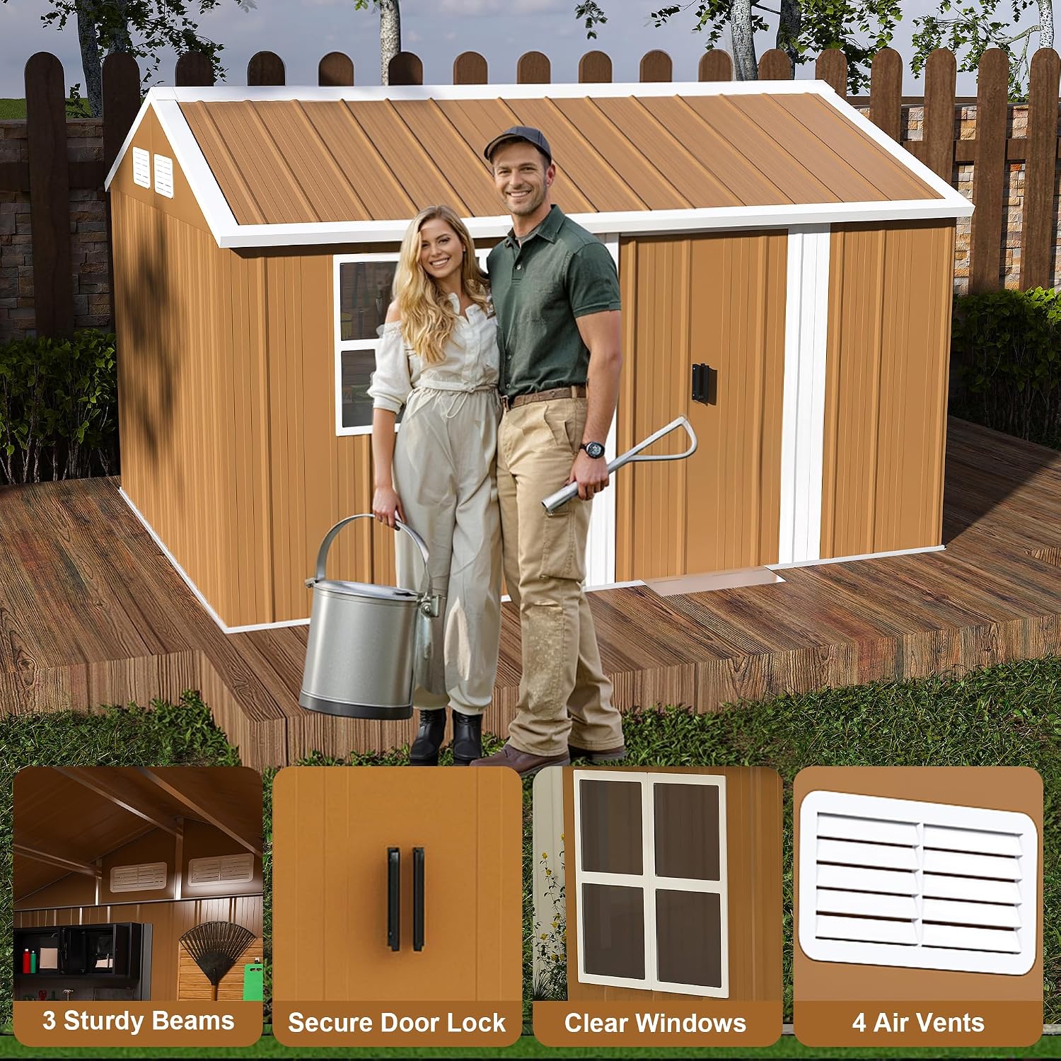 ZMAD 12x8 FT Heavy-Duty Metal Storage Shed with Doors, Windows & Ventilation - Weatherproof Outdoor Garden Shed for Backyard, Lawn and Tool Organization (8x12)