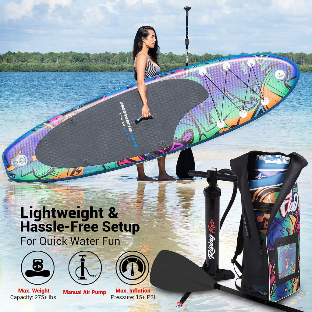 SereneLife Inflatable Stand Up Paddle Board - Wide Stable Design, Non-Slip Deck for Adults & Youth with Premium Paddle Board Accessories: Carry Bag, Dual Action Pump, Paddle, Ankle Leash - 10'6'