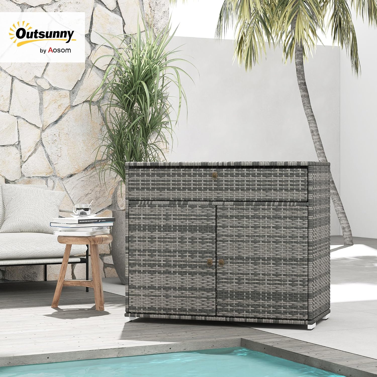 Outsunny Wicker Outdoor Storage Cabinet, Pool Towel Storage Cabinet with Drawer, Freestanding PE Rattan Pool Towel Holder for Indoor, Outdoor Swimming Pool, Spa (Gray)