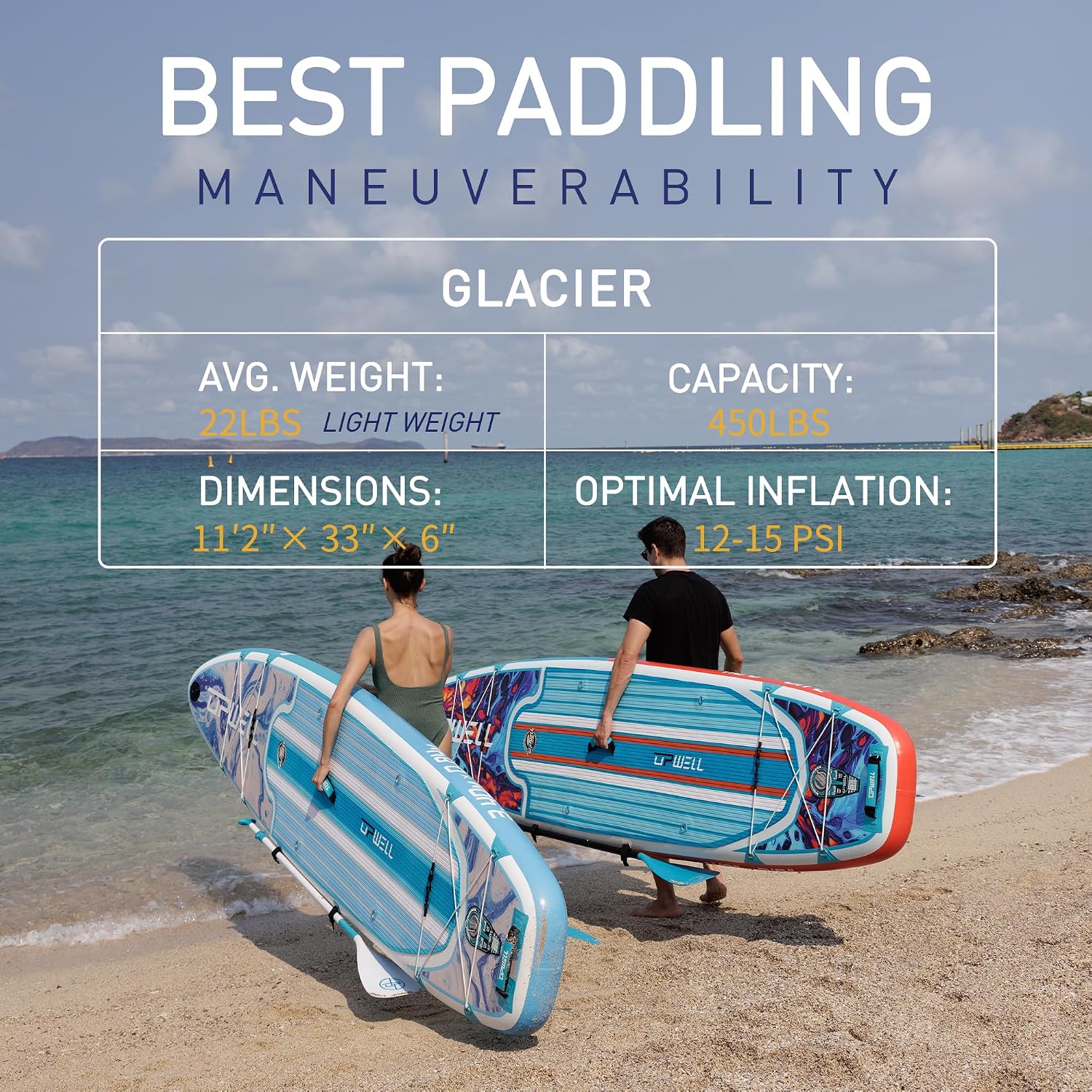 UPWELL 11'6'/11'2'/11'/10'8'/10'6'/10'2' Inflatable Stand Up Paddle Board with sup Accessories Including Backpack, Repairing Kits, Non-Slip Deck, Leash, 3 Fins, Paddle and Hand Pump