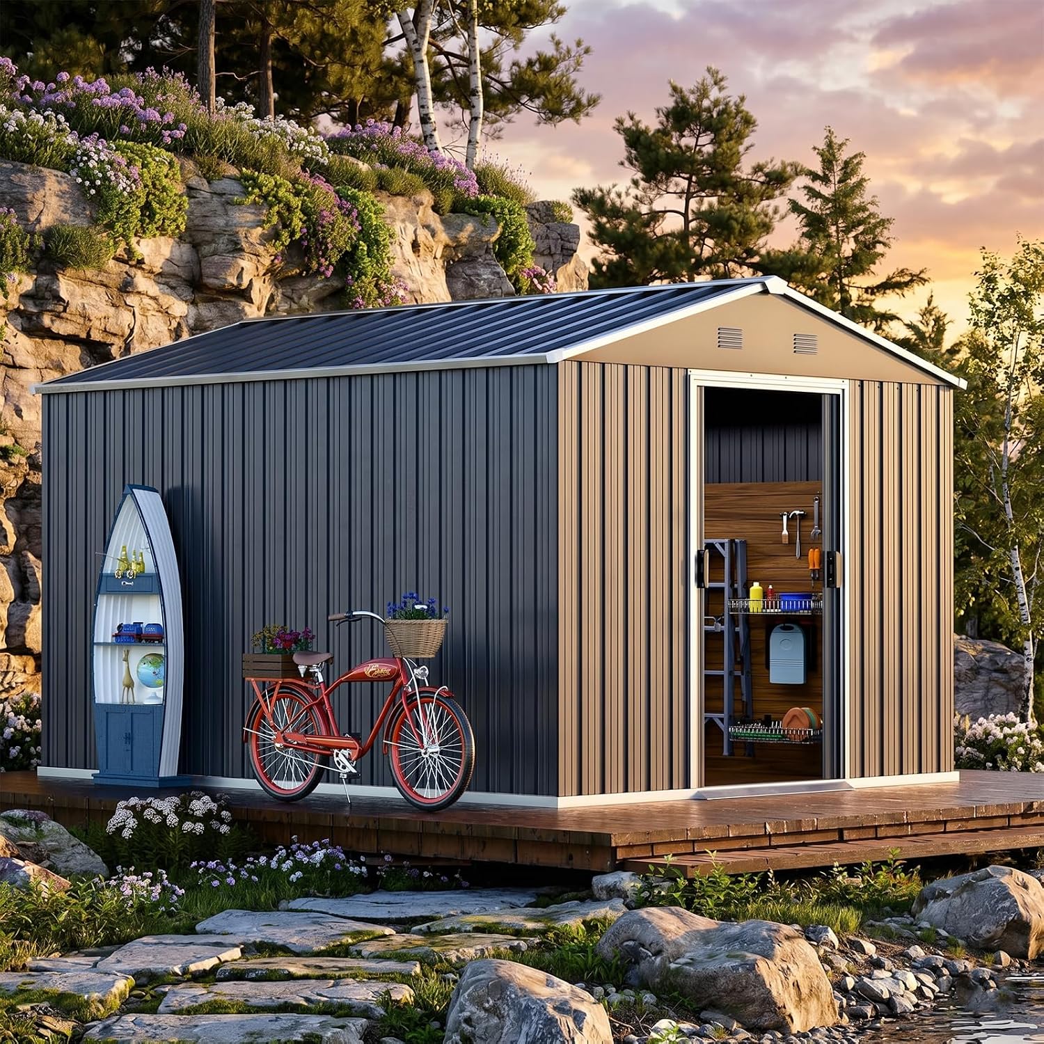 Metal Shed 8x10 FT, Military-Grade Reinforced Frame with Powder Coating, Steel Sheds with Sliding Door and Air Vents for Garden, Backyard, and Patio
