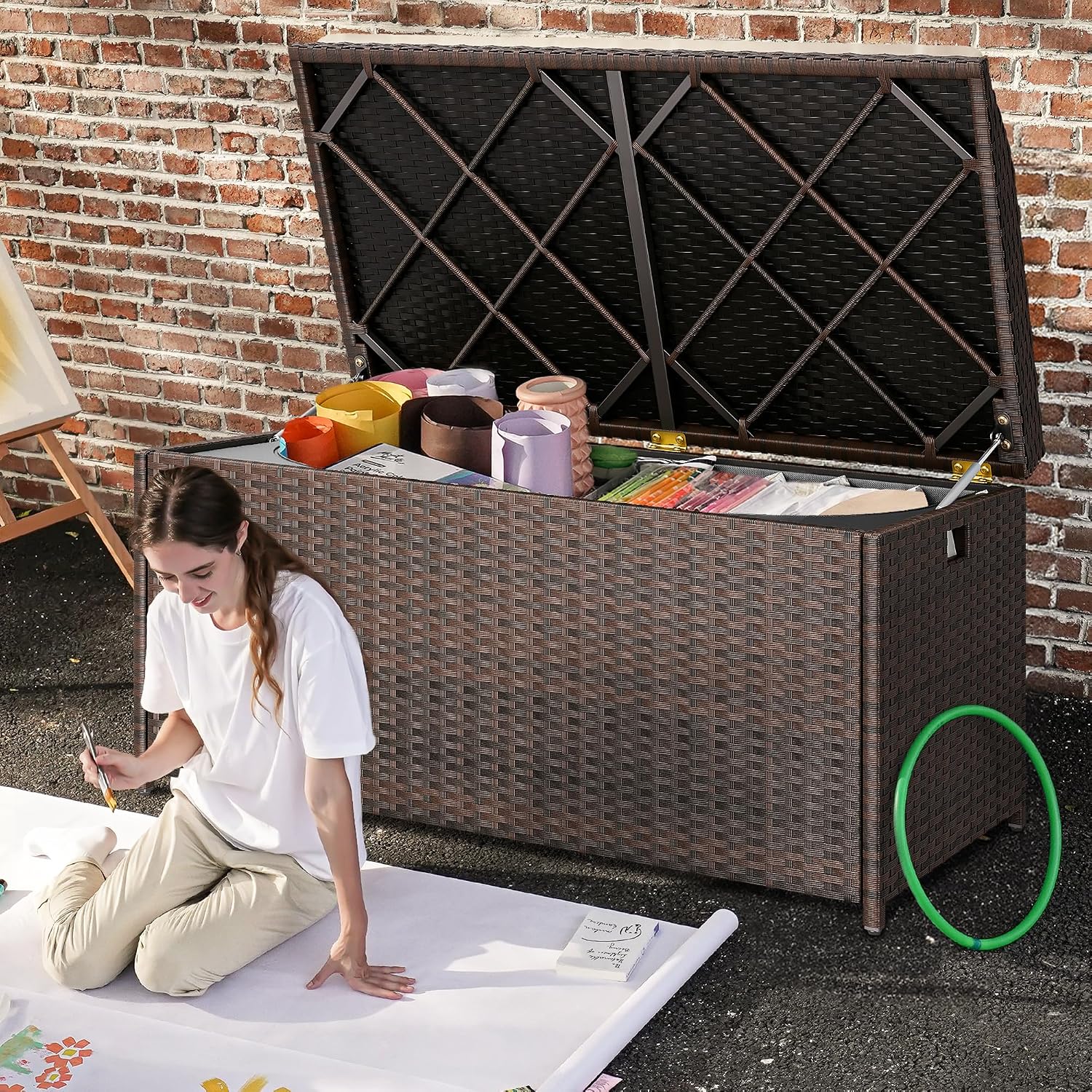 DWVO Outdoor Storage Bench, 70 Gallon Patio Storage Box w/Handles and Soft Cushion,PE Rattan Benches for Outside, Patio, Yard, Lawn, Garden,Brown