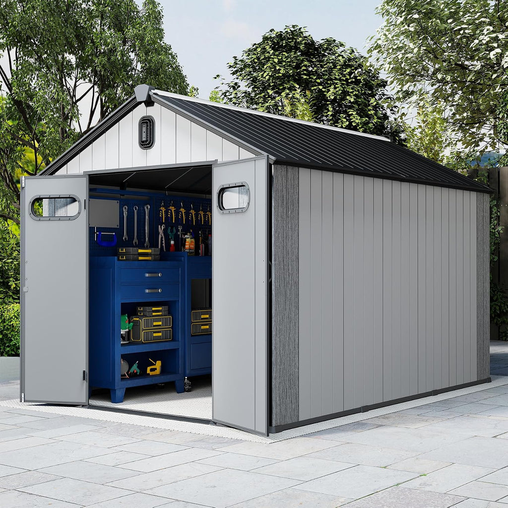 Domi 8x14Ft Resin Outdoor Storage Shed, Plastic Garden Shed with Carpet, Outside Weatherproof Storage Building for Tools, Bike, Lawn Mower, Patio, Backyard