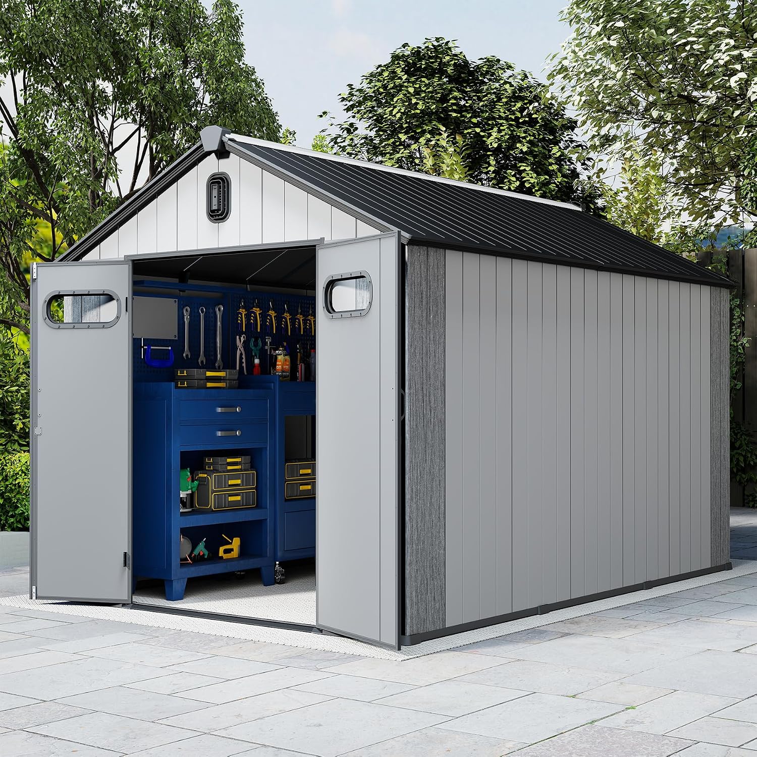 Domi 8x14Ft Resin Outdoor Storage Shed, Plastic Garden Shed with Carpet, Outside Weatherproof Storage Building for Tools, Bike, Lawn Mower, Patio, Backyard
