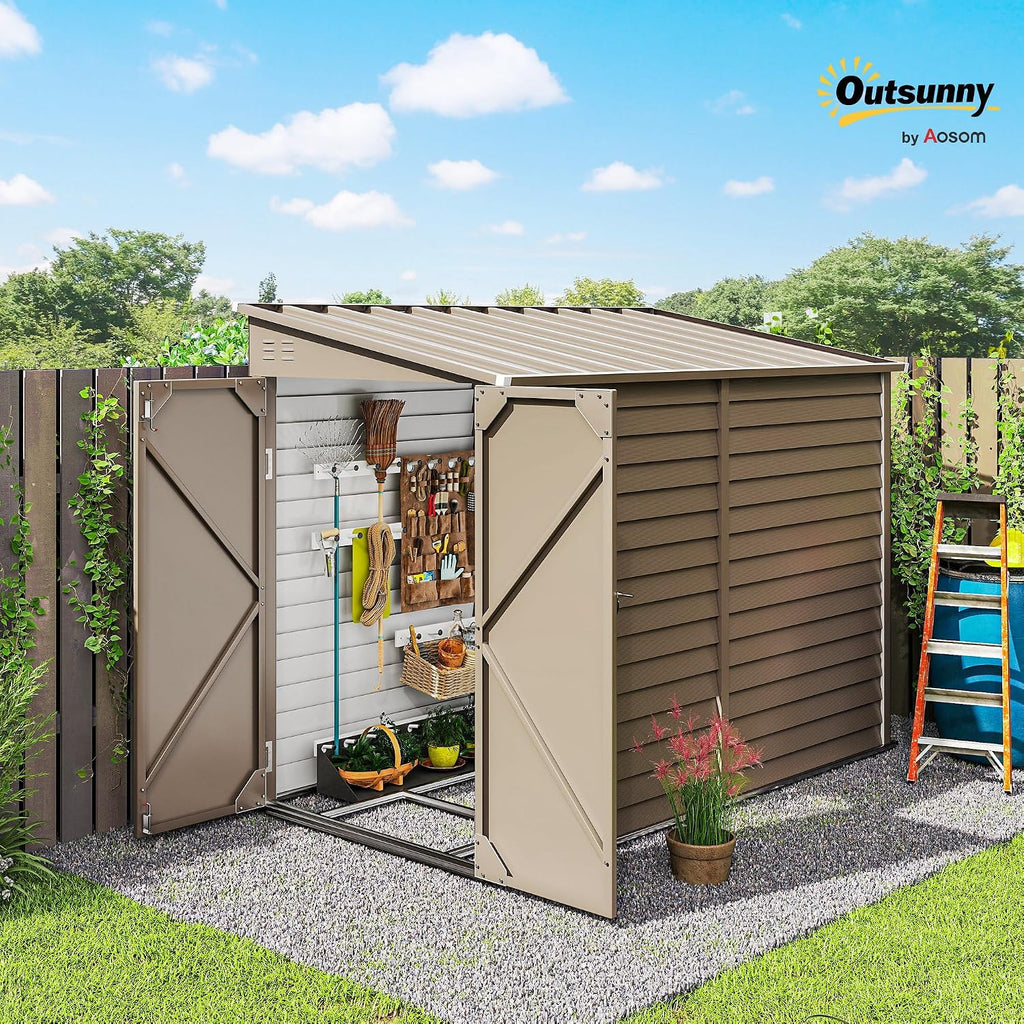Outsunny 4.6' x 9' Steel Outdoor Storage Shed, Waterproof Lean to Shed, Metal Garden Tool House with Foundation Kit, Lockable Doors, Gloves and 2 Air Vents for Backyard, Patio, Lawn, Brown