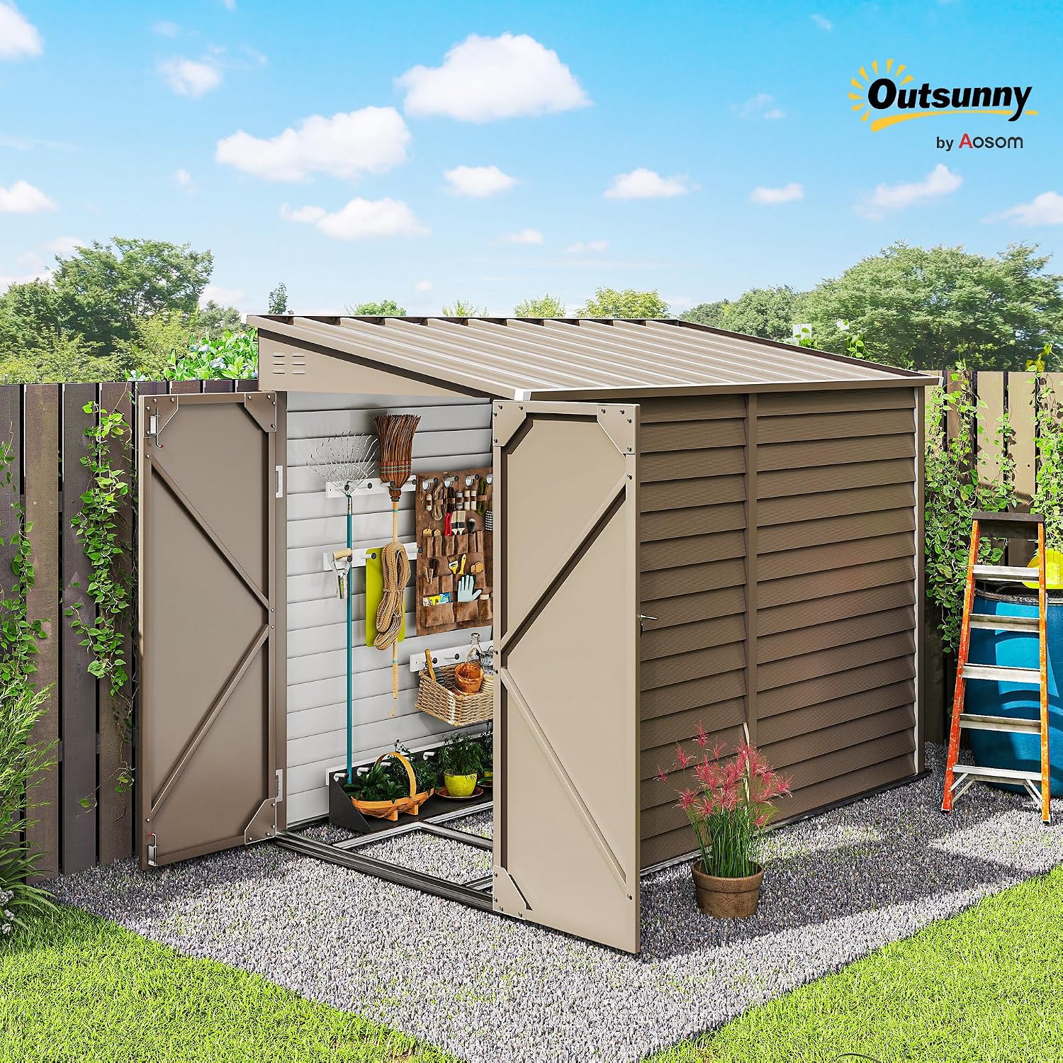 Outsunny 4.6' x 9' Steel Outdoor Storage Shed, Waterproof Lean to Shed, Metal Garden Tool House with Foundation Kit, Lockable Doors, Gloves and 2 Air Vents for Backyard, Patio, Lawn, Brown