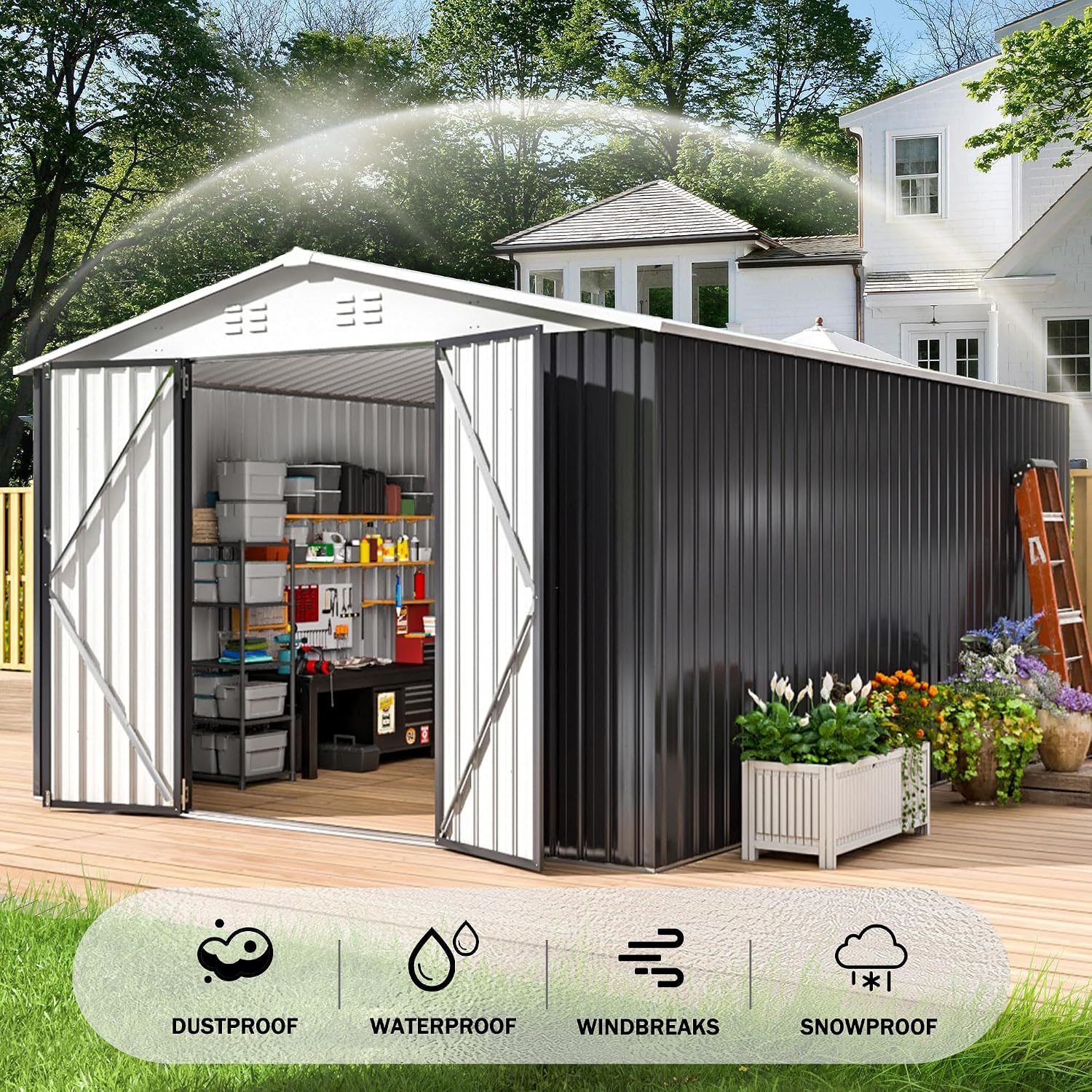 Polar Aurora 9.3x13.5 FT Qutdoor Storage Shed, Metal Garden Shed with Updated Frame Structure, ToolSheds for Backyard Garden Patio Lawn, White