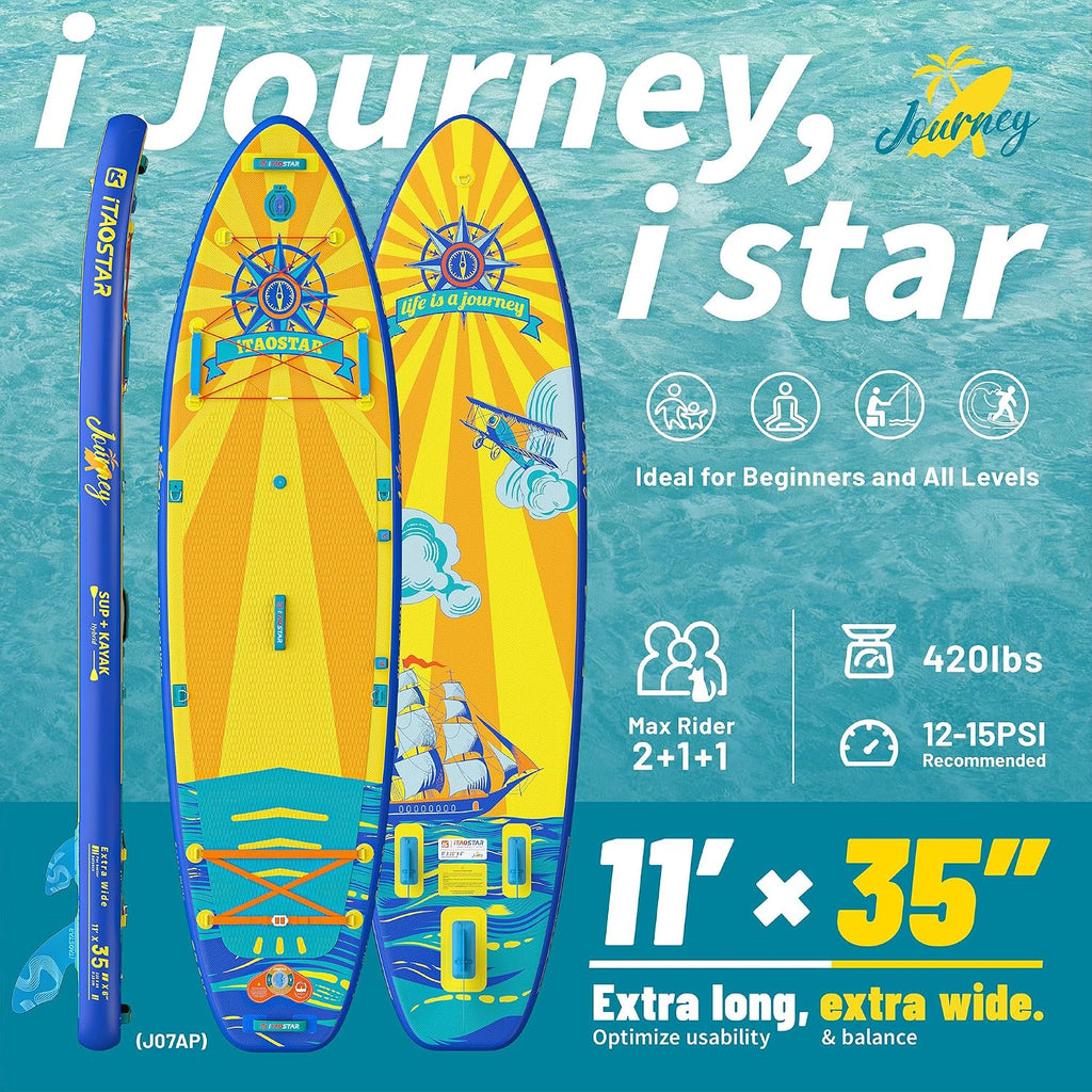 iTAOSTAR Journey 11'6' / 11'×34' / 11'×35' Extra Wide Paddle Board, One-Stop Premium SUP Board Accessories, Tailored Fins, Stable Inflatable Stand Up Paddle Boards for Youth/Adults of All Skill Levels
