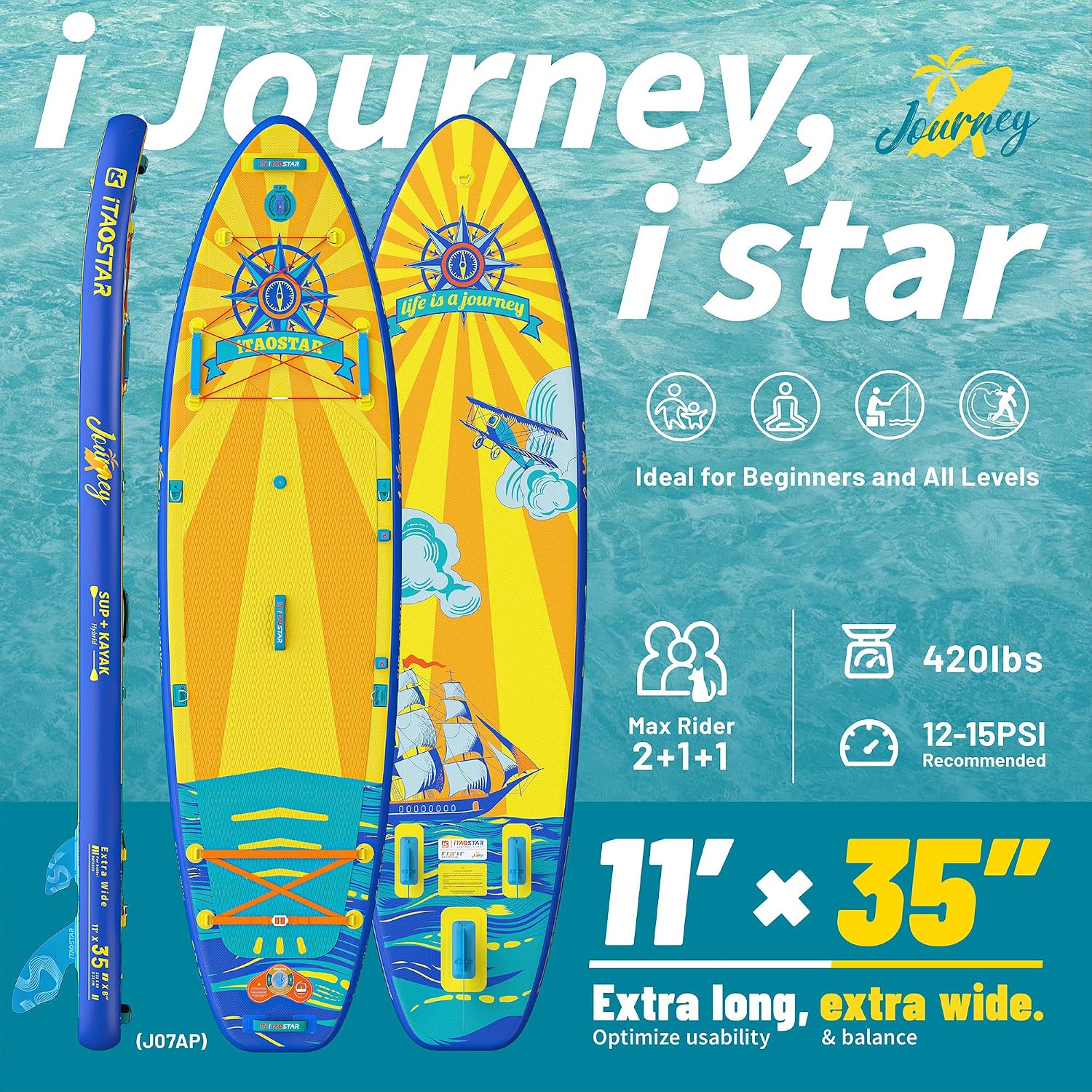 iTAOSTAR Journey 11'6' / 11'×34' / 11'×35' Extra Wide Paddle Board, One-Stop Premium SUP Board Accessories, Tailored Fins, Stable Inflatable Stand Up Paddle Boards for Youth/Adults of All Skill Levels
