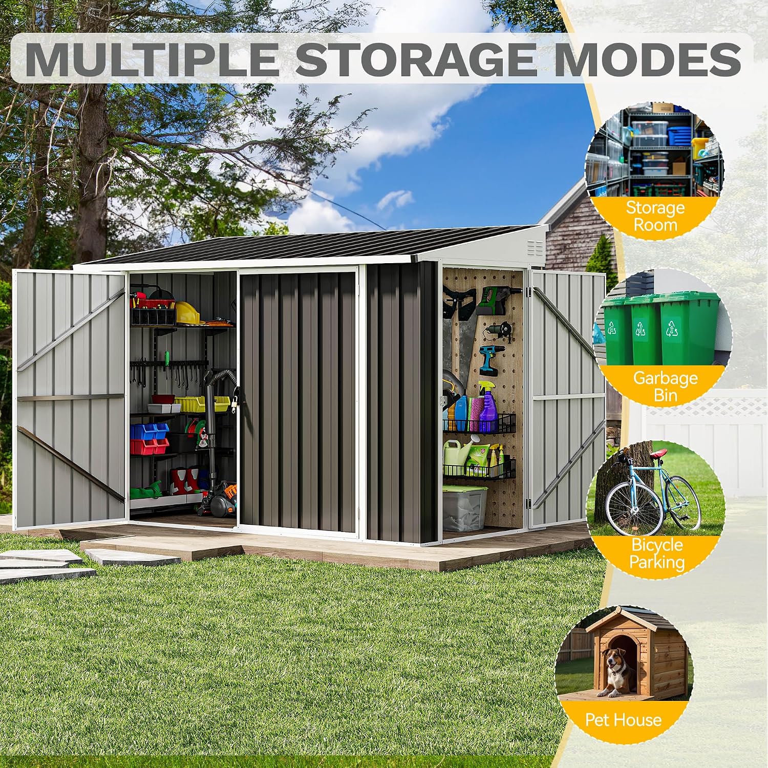 DWVO 7' x 4' Outdoor Storage Shed, Large Metal Tool Sheds, Heavy Duty Storage House with 3 Lockable Doors & Air Vent for Backyard Patio Lawn to Store Bikes, Tools, Lawnmowers, Dark Gray