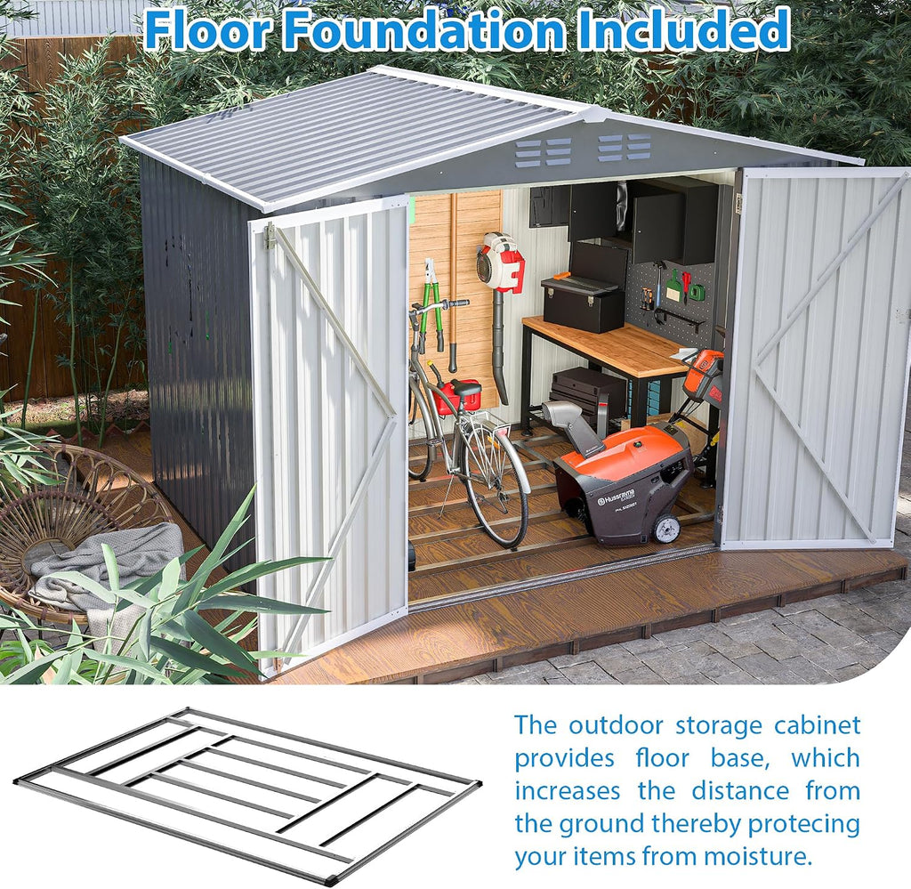 6x8 FT Outdoor Storage Shed, Metal Garden Shed with Frame Floor, Outside Tool Shed with Lockable Hinged Doors, Waterproof Storage Building with Sloped Roof for Backyard, Patio, Lawn, Gray