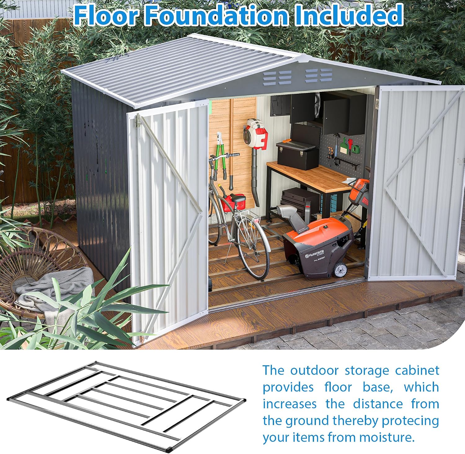 6x8 FT Outdoor Storage Shed, Metal Garden Shed with Frame Floor, Outside Tool Shed with Lockable Hinged Doors, Waterproof Storage Building with Sloped Roof for Backyard, Patio, Lawn, Gray