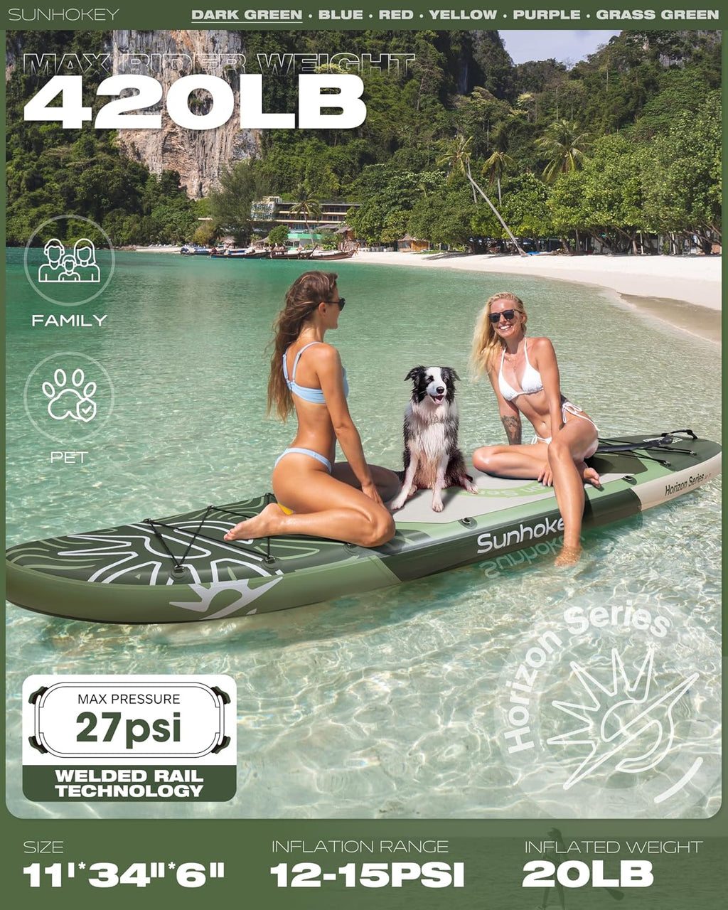 11'×34'' Extra Wide Inflatable Paddle Board with Seam Welded Technology, Stand Up Paddle Board, 420lb Capacity for Adults, Sup Board for All-Level with 2-Blade Paddle/Dual-Action Pump/Leash