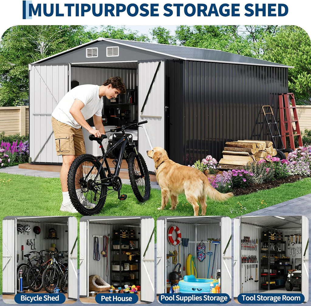Garvee 10 x 12 ft Outdoor Storage Shed, Heavy-Duty Waterproof Tool Shed Storage with Lockable Door, Vents and Updated Frame Structure, Large Metal Tool Shed for Backyard, Patio Lawn, Grey