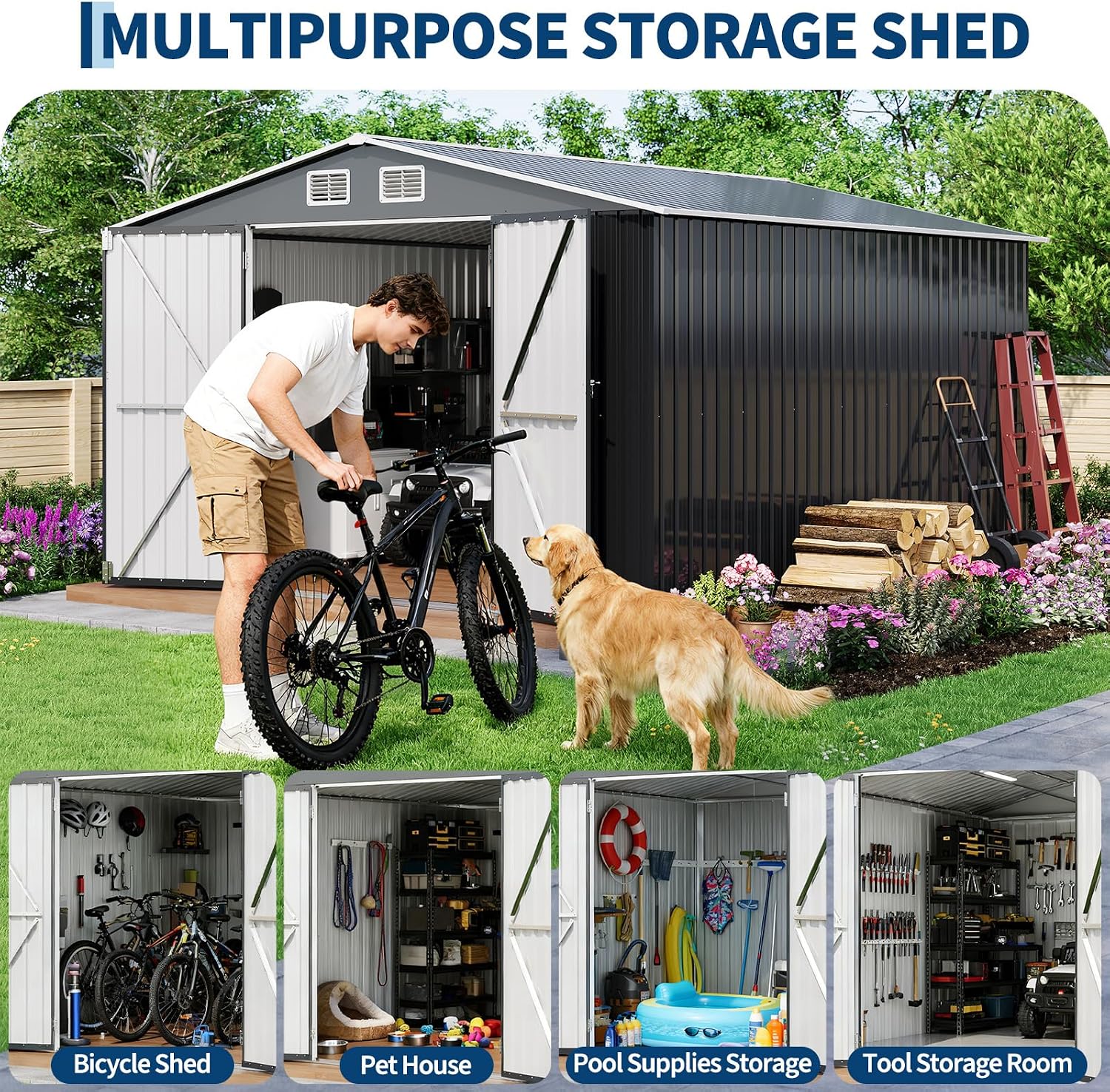 Garvee 10 x 12 ft Outdoor Storage Shed, Heavy-Duty Waterproof Tool Shed Storage with Lockable Door, Vents and Updated Frame Structure, Large Metal Tool Shed for Backyard, Patio Lawn, Grey