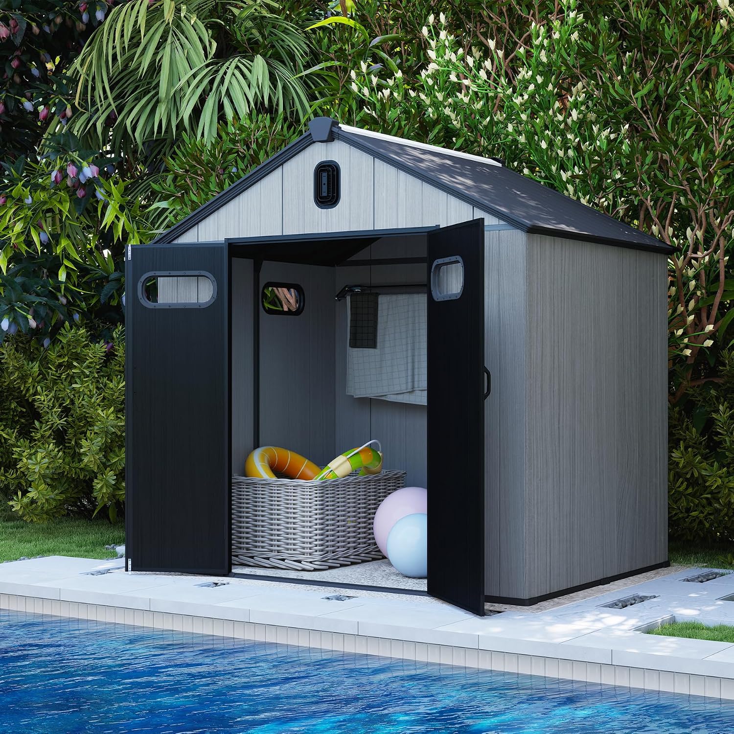 Domi 8x6Ft Resin Outdoor Storage Shed, Plastic Garden Shed with Carpet, Outside Weatherproof Storage Building for Tools, Bike, Lawn Mower, Patio, Backyard
