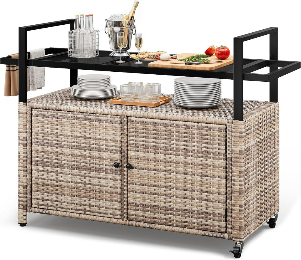 YITAHOME XL Outdoor Storage Cabinet, Outdoor Storage Cart with Wheels and Black Glass Table Top for Patio, Outdoor Cabinet for Poolside and Backyard (Light Brown)