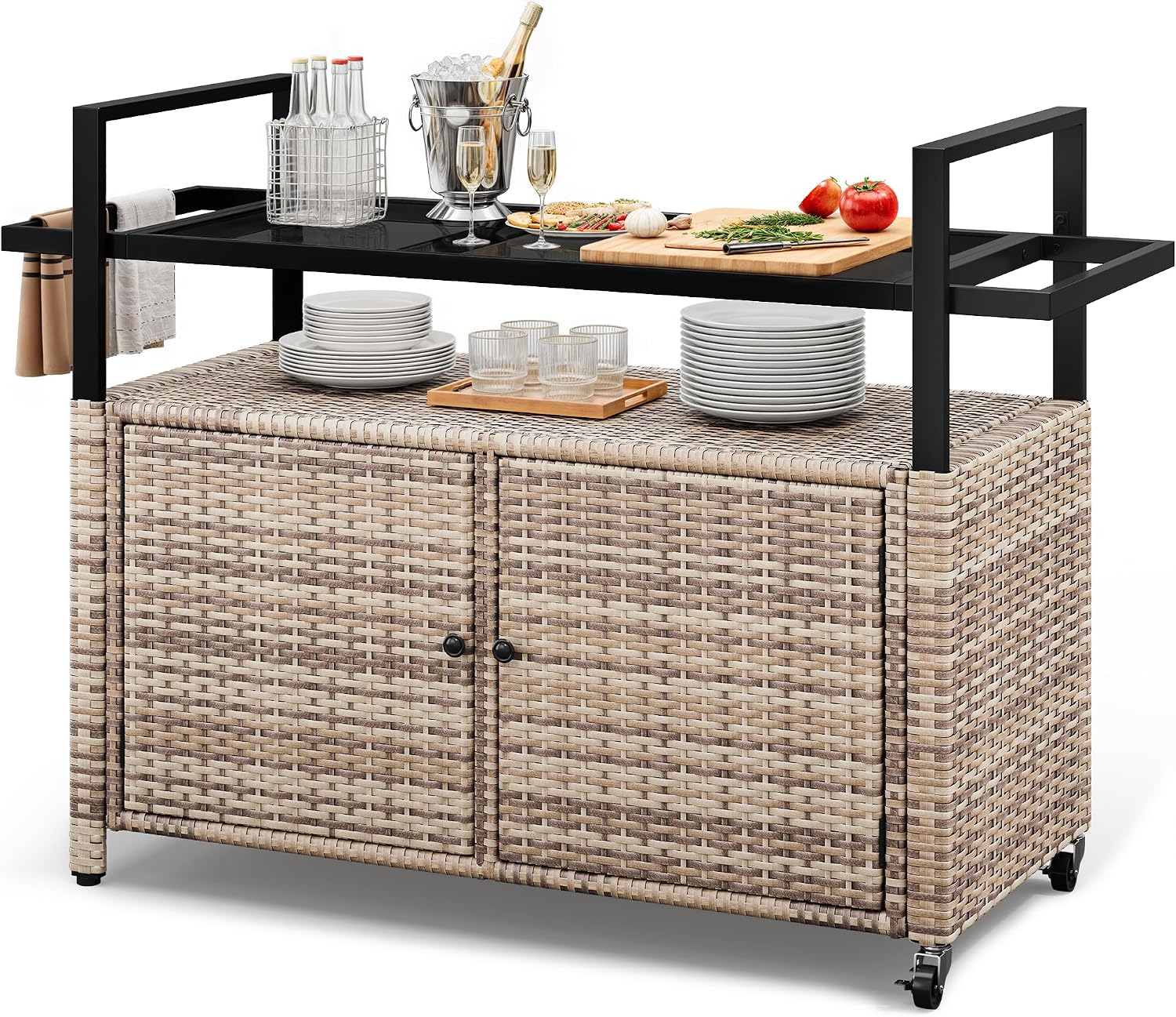 YITAHOME XL Outdoor Storage Cabinet, Outdoor Storage Cart with Wheels and Black Glass Table Top for Patio, Outdoor Cabinet for Poolside and Backyard (Light Brown)