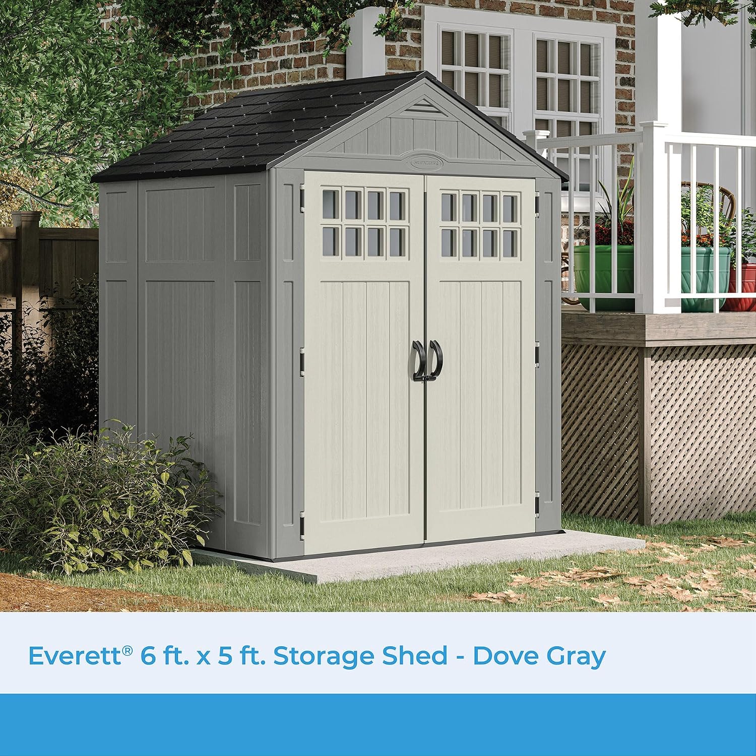 Suncast Everett 6' x 5' Heavy-Duty Resin Outdoor Storage Shed with Pad-Lockable Double Doors and Windows, All-Weather Shed for Yard Storage, Dove Gray