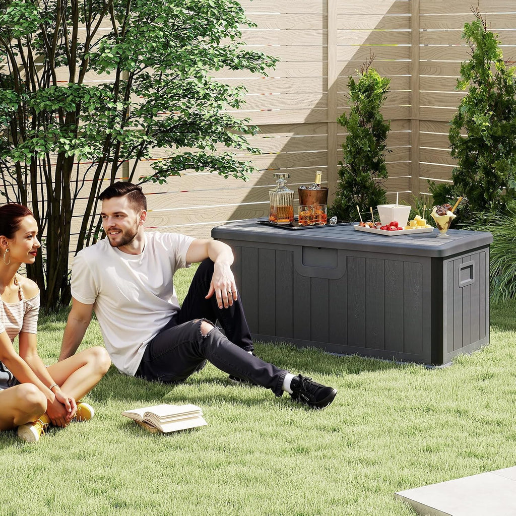 HAPPYGRILL Outdoor Storage Deck Box with Lockable Design & Gas Strut, Handle, 100 Gallon HDPE Patio Storage Organizer for Lawn Backyard Poolside (Gray)