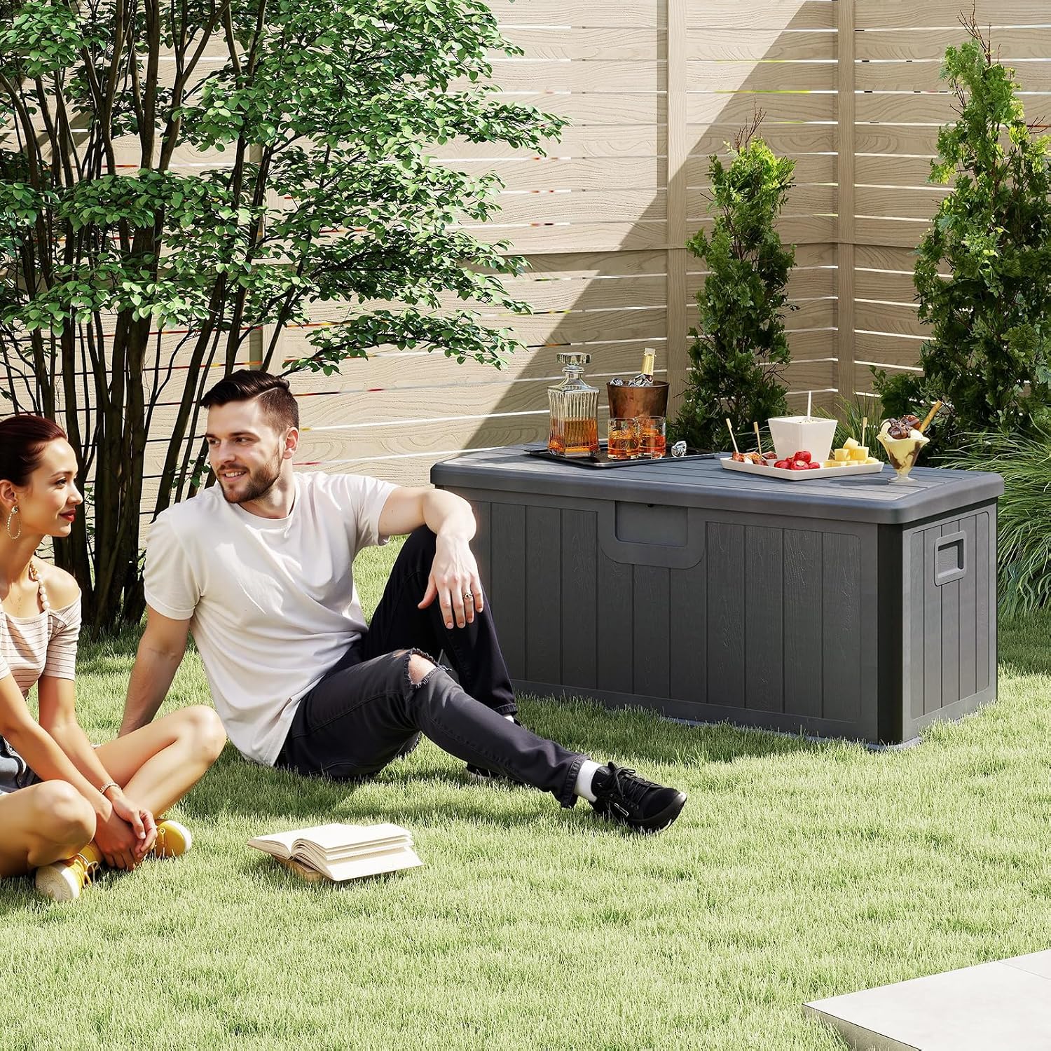 HAPPYGRILL Outdoor Storage Deck Box with Lockable Design & Gas Strut, Handle, 100 Gallon HDPE Patio Storage Organizer for Lawn Backyard Poolside (Gray)