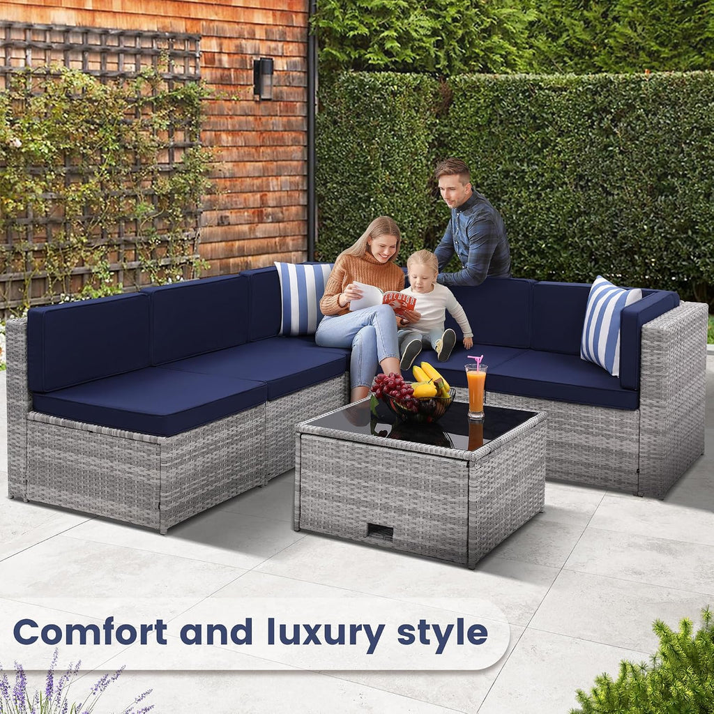 KROFEM 8-Piece Patio Furniture Set, Outdoor Wicker Rattan Sectional with Thick Cushions, Glass Top Table with Hidden Storage, Outdoor Conversation Set for Backyard, Porch, Patio, Blue
