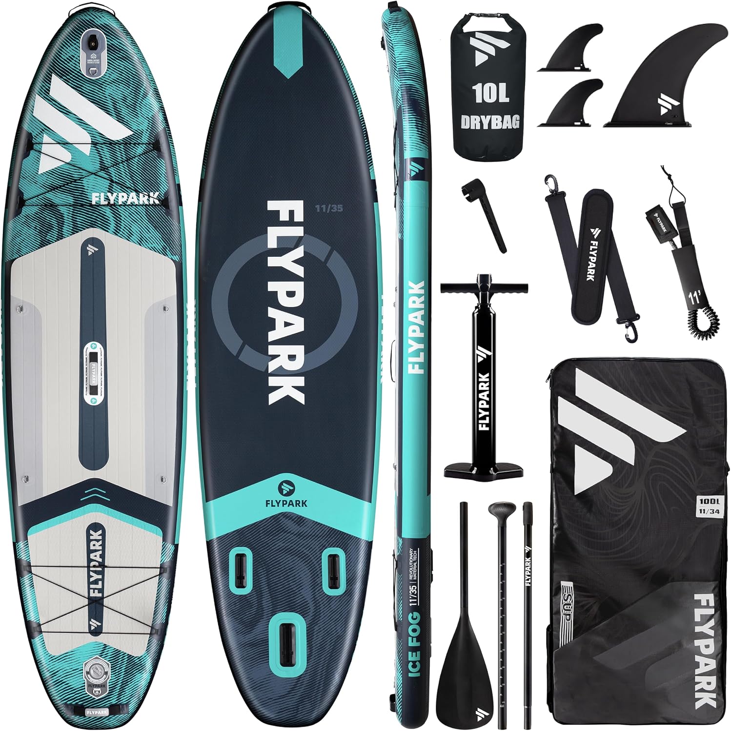 Flypark 10'8/11'x35'' Fishing&Family Stable Inflatable Paddle Boards, Extra Wide SUP Paddleboard Inflatable, 430lb/3 People, Stand Up Paddle Board for Adults, Camera Mount, Shoulder Strap, Rod Holder
