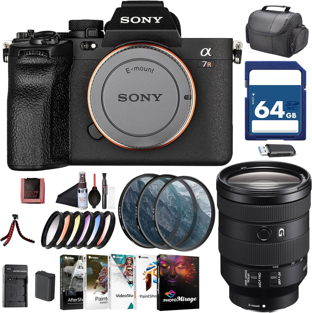 Sony Alpha 7R V Mirrorless Camera Body (ILCE-7RM5/B) – 61MP Full-Frame Sensor | AI Autofocus | FE 24-105mm Lens, 64GB Card, Filter Kit, Photo Software, NP-FZ100 Compatible Battery, and More