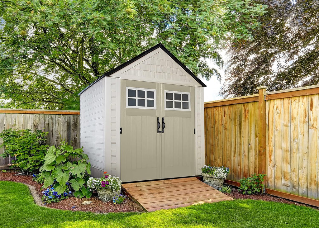 Rubbermaid 7 Foot by 7 Foot Weatherproof Outdoor Storage Shed for Garden Tools and Lawn Machinery Organization with Lockable Double Door Sandstone