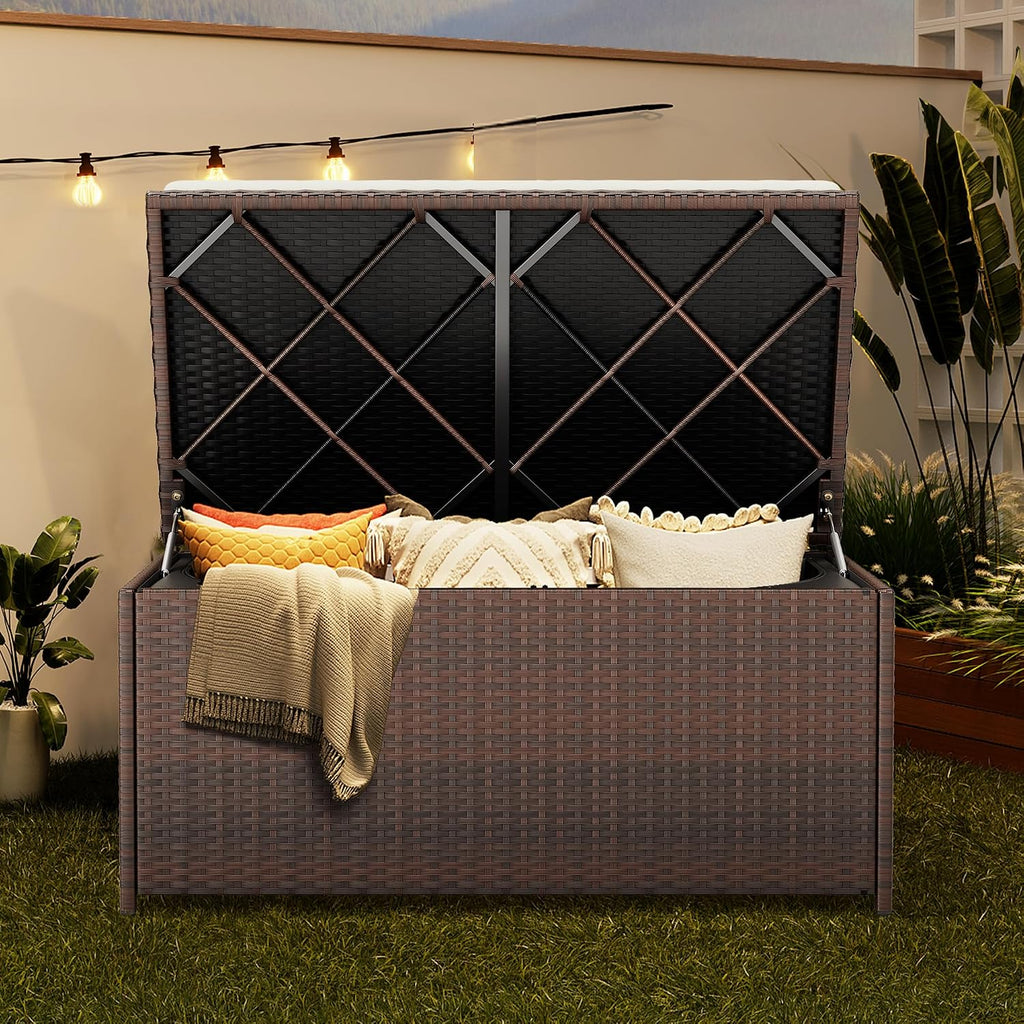 DWVO Outdoor Storage Bench, 70 Gallon Patio Storage Box w/Handles and Soft Cushion,PE Rattan Benches for Outside, Patio, Yard, Lawn, Garden,Brown
