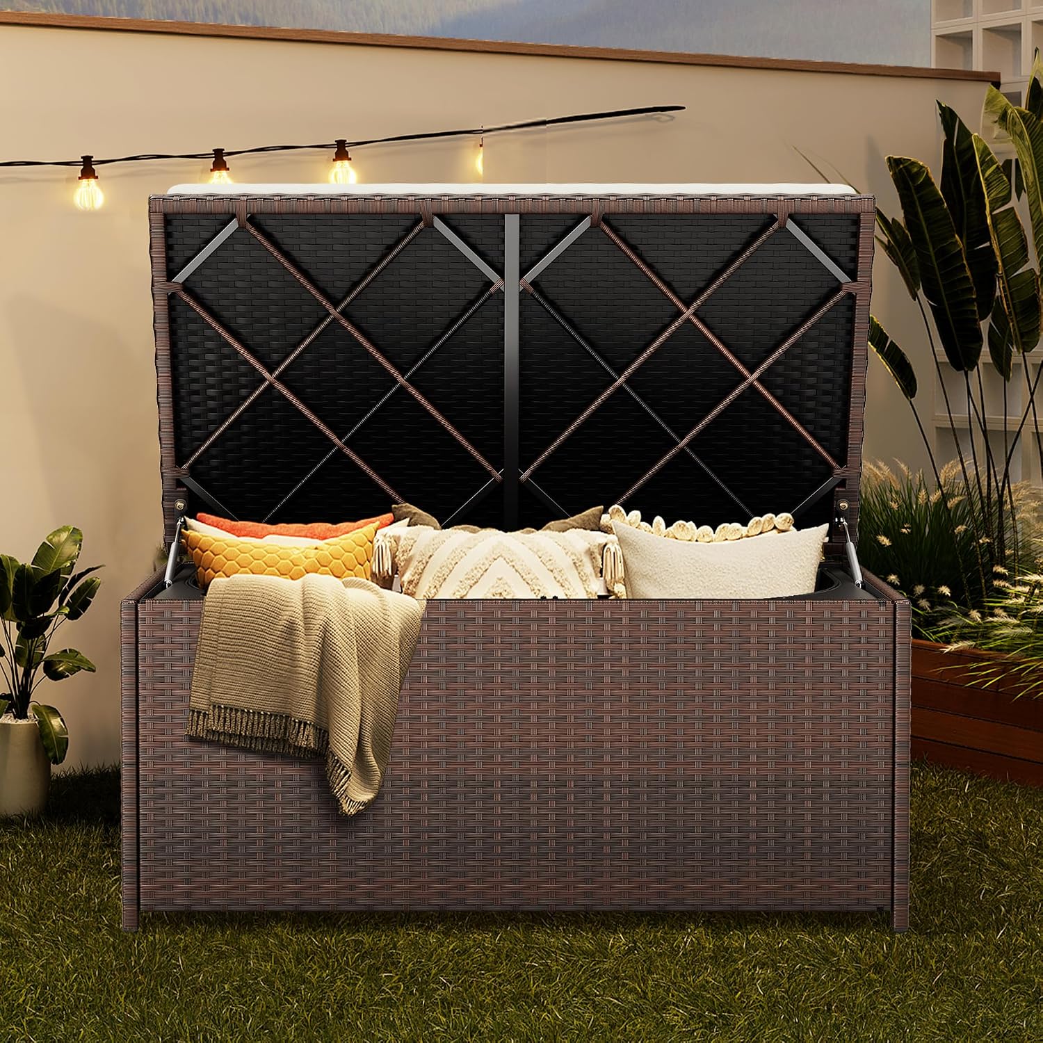 DWVO Outdoor Storage Bench, 70 Gallon Patio Storage Box w/Handles and Soft Cushion,PE Rattan Benches for Outside, Patio, Yard, Lawn, Garden,Brown