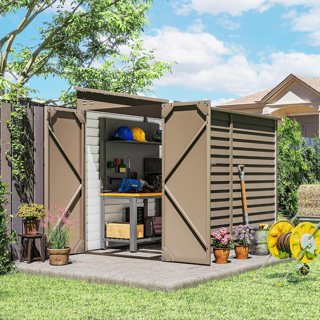 Outsunny 4.6' x 9' Steel Outdoor Storage Shed, Waterproof Lean to Shed, Metal Garden Tool House with Foundation Kit, Lockable Doors, Gloves and 2 Air Vents for Backyard, Patio, Lawn, Brown