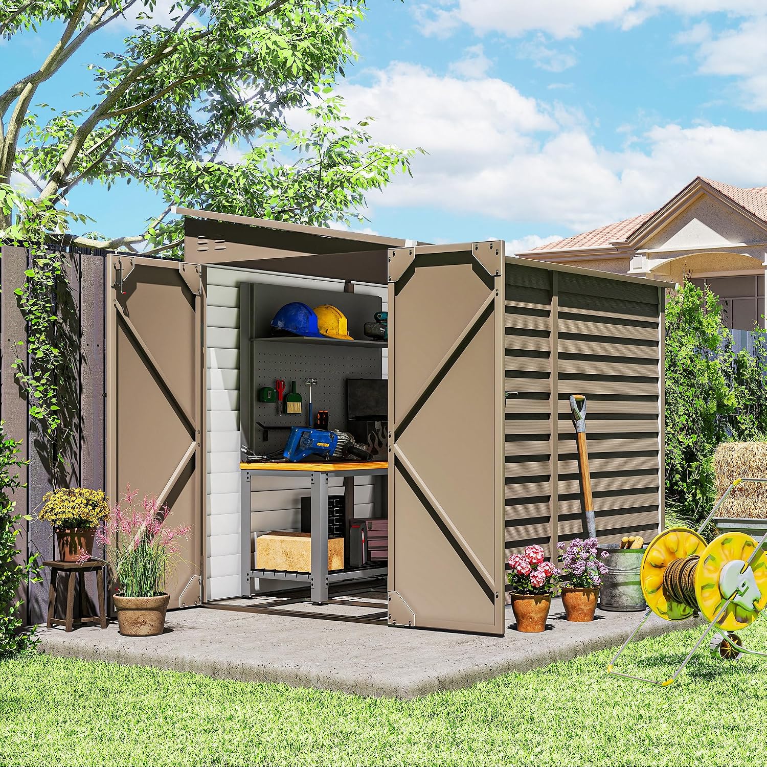 Outsunny 4.6' x 9' Steel Outdoor Storage Shed, Waterproof Lean to Shed, Metal Garden Tool House with Foundation Kit, Lockable Doors, Gloves and 2 Air Vents for Backyard, Patio, Lawn, Brown