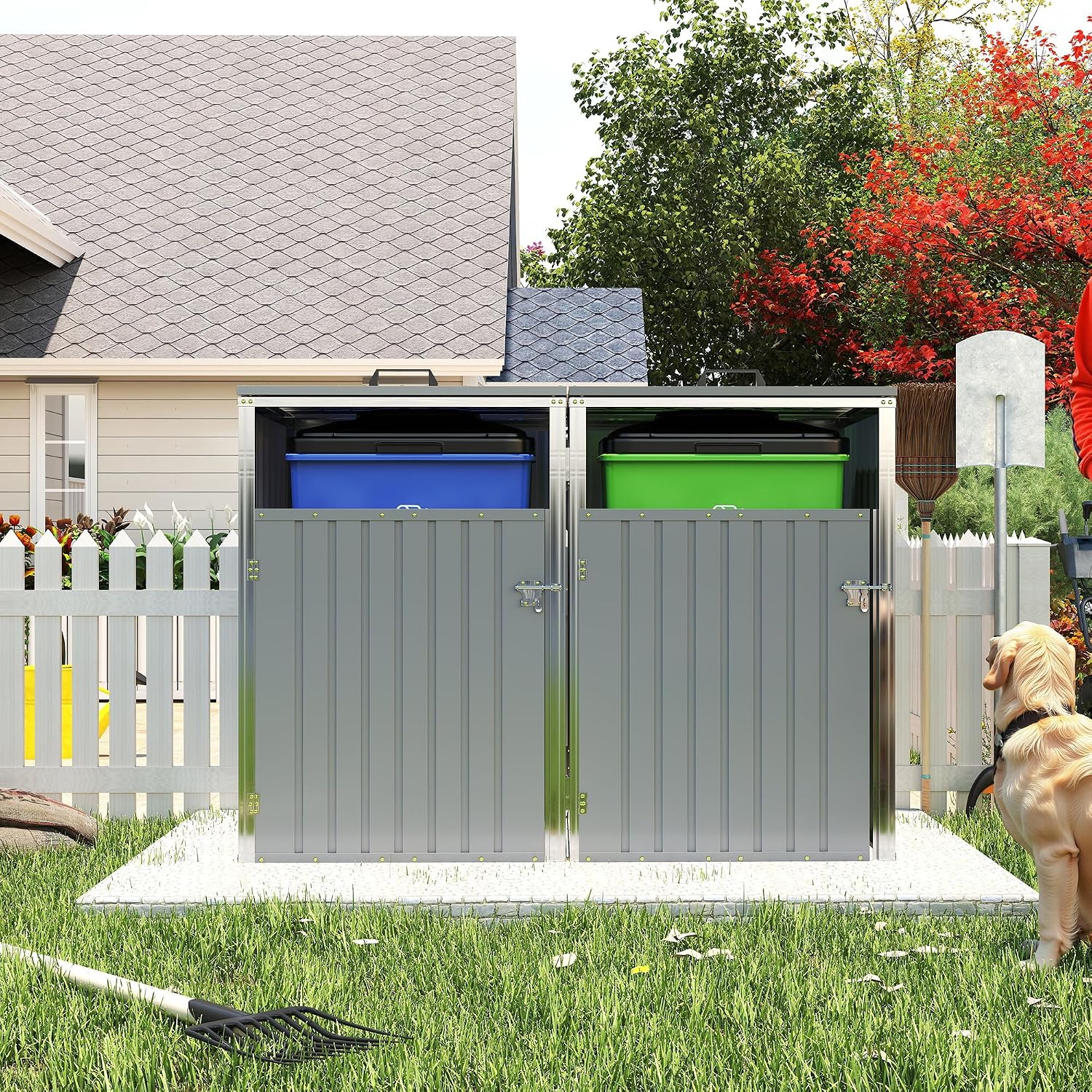 Garbage Bin Storage Shed for 2 Trash Cans, 54 Cu Ft Outdoor Metal Trash Can Enclosure, Galvanized Steel Utility Shed for Garden, Yard, Lawn, Snow Prevention，Easy Assembly (Light Gray, 2 Doors)