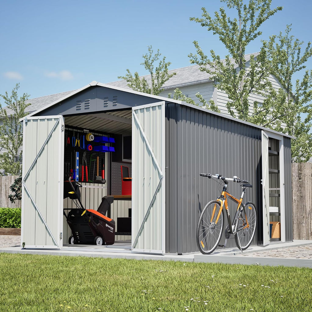 YOPTO 8x12 FT Metal Outdoor Storage Shed,Garden Shed W/ 2 Reversible Lockable Doors & Updated Frame Structure,Outdoor Backyard Tool House W/ 4 Air Vents & Sloped Roof,for Patio,Lawn,Grey