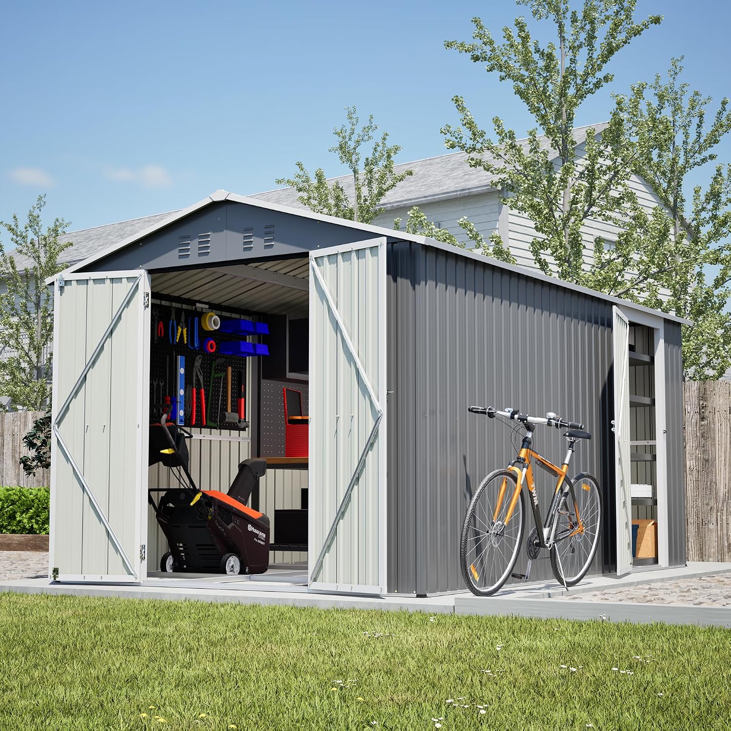 YOPTO 8x12 FT Metal Outdoor Storage Shed,Garden Shed W/ 2 Reversible Lockable Doors & Updated Frame Structure,Outdoor Backyard Tool House W/ 4 Air Vents & Sloped Roof,for Patio,Lawn,Grey