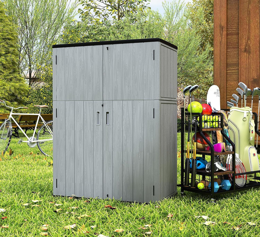 ZZM 57 Cu.ft Outdoor Storage Shed with Floor HDPE Double-Wall Resin Sheds Outdoor Storage, Lockable Weatherproof Storage Cabinet Fit for Garden Tools, Garage can, Bike, Patio Furniture, Grey